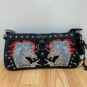 NWT Ed Hardy Studded Shoulder Bag Dead Alive Horse Rhinestone